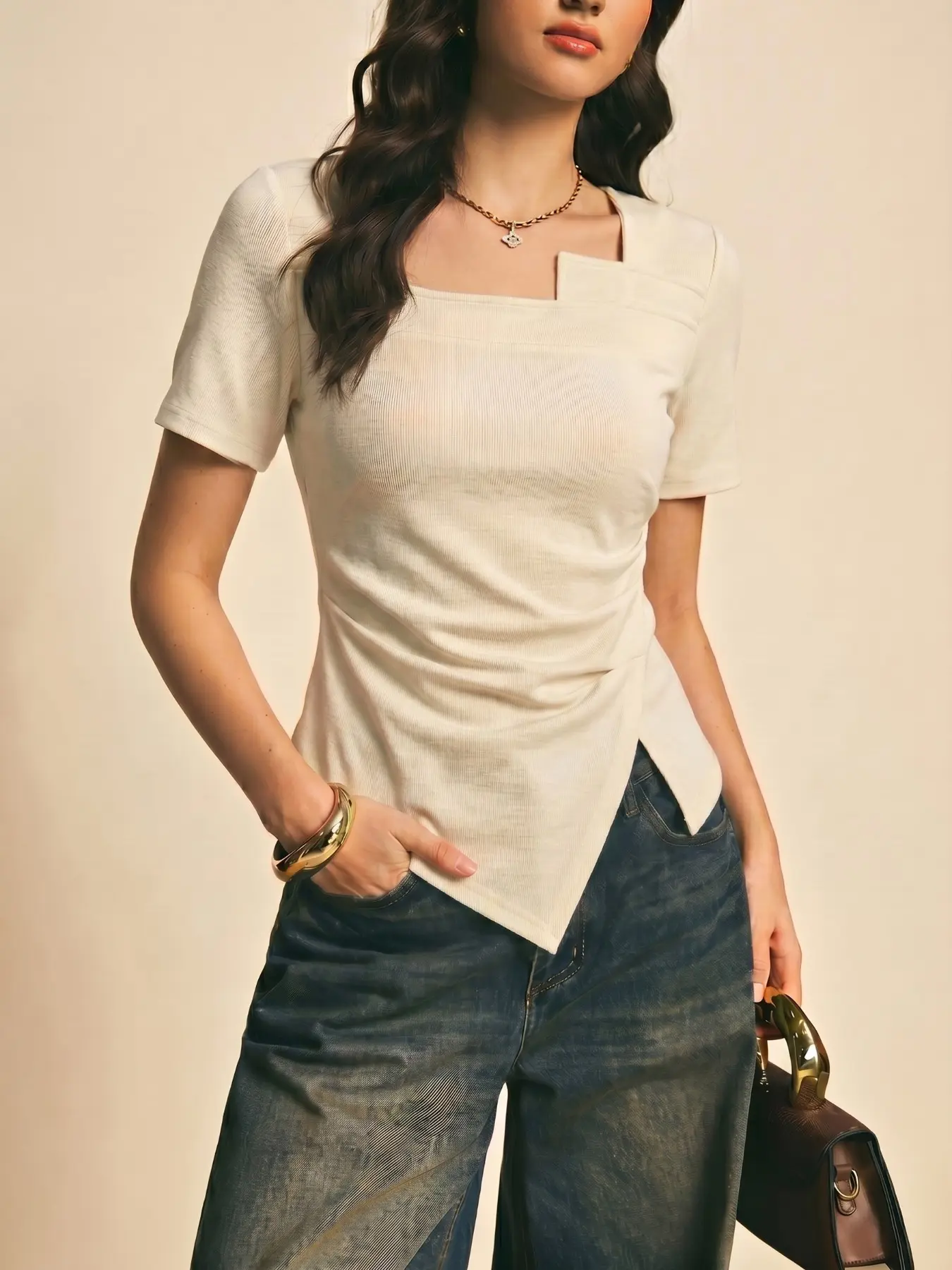 French Style Unique Slanted Neck Fitted T-Shirt, Waist Cinched, Casual ...