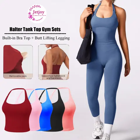 Jetjoy Women's Nylon Seamless 2-Piece Athletic Workout Set - Halter Neck Sports Bra, Hidden Scrunch Butt Lift Leggings, Quick Dry Gym Workout Apparel, Sporty Chic Summer Outfit