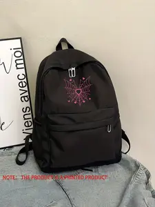 Spider Web Pattern Backpack, Heart Elements, Neutral Style, Nylon Material, Easy to Clean, Suitable for Daily Use, School, Commute, Travel