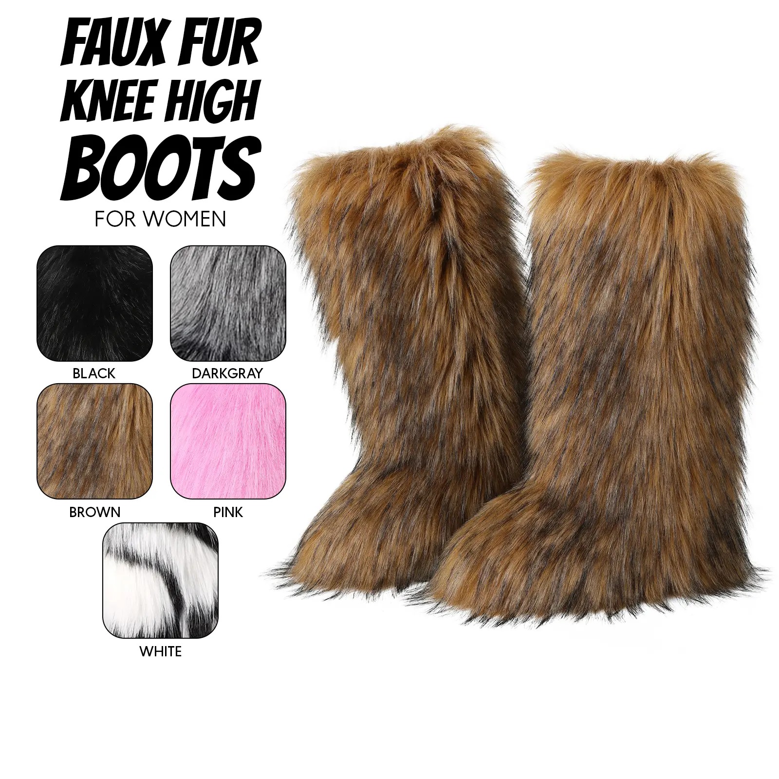 Faux Fur Boots for Women Knee High Snow Boots Round Toe Fuzzy Plush Warm Boots Non Slip Sole Cozy Pull On Fashion Boots Indoor Outdoor Casual Fall Spring Shoes