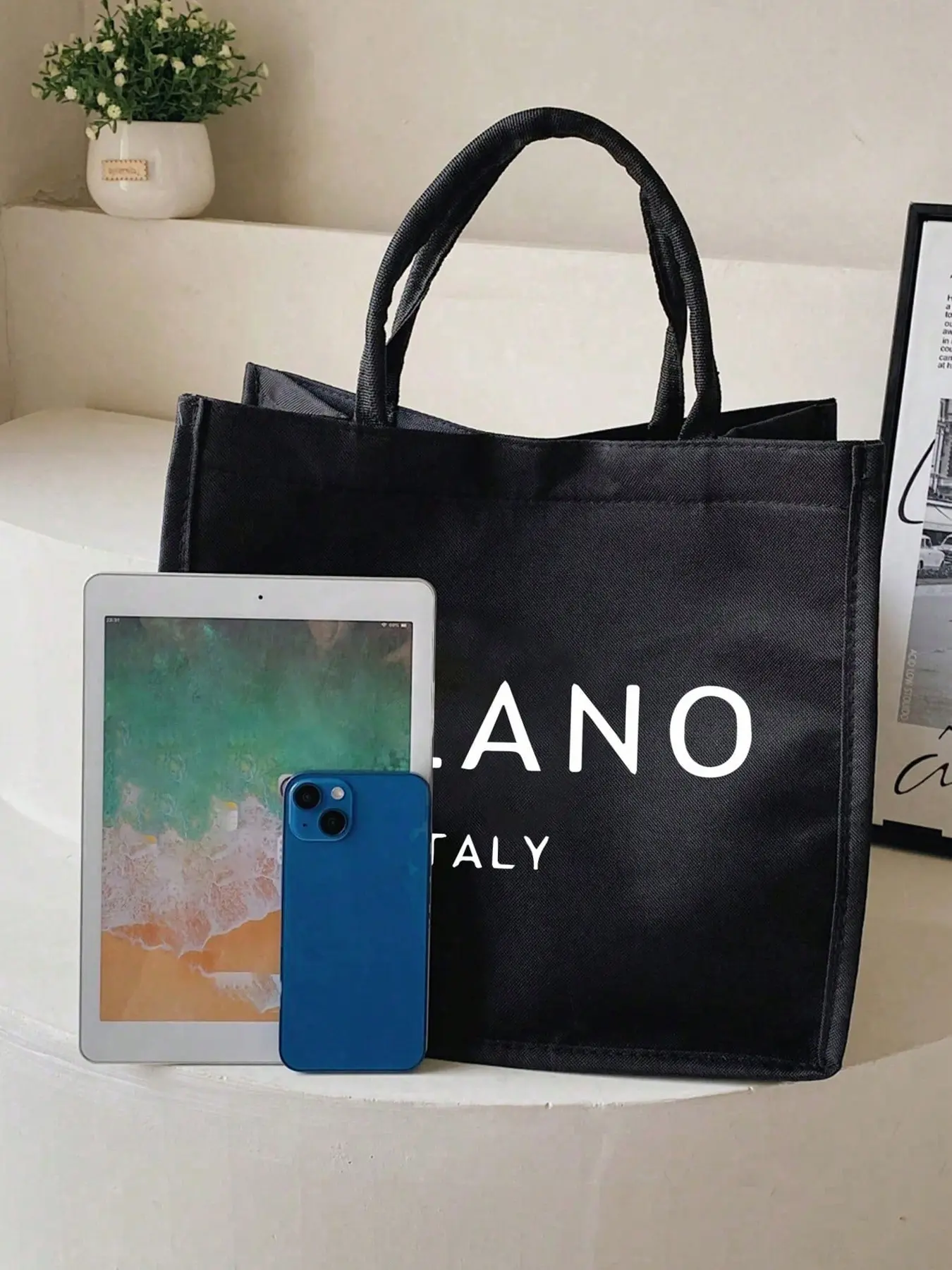 Milano Italy Tote Bag and Pouch with Black & White Embossed Print