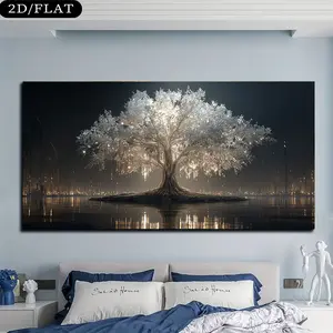 2D Flat 1 Piece Large Frameless Modern Tree of Life Wall Decor - Self-Lighting Mural Poster Print 31.5X 63inch Luminous Branches and Roots, Suitable for Living Room, Bedroom, Corridor - Ethereal White, Minimalist Canvas