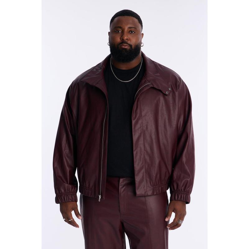 Unlimited Textured Faux Leather Bomber Jacket - Burgundy