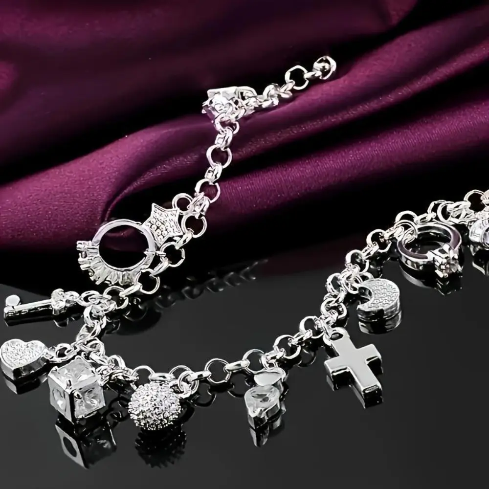 Women's 935 Silvery Heart Key Pendant Bracelet - 1pc, 13 Small Pendants, Bohemian Style, Shiny Exquisite Design, Fashion Jewelry Accessory, Thoughtful Gift for Wife or Girlfriend, Birthday Gift