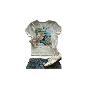 Women's Slogan & Floral Print Round Neck Short Sleeve Casual Versatile T-Shirt, Y2K Style, Fitted, All Seasons, Graphic Pattern