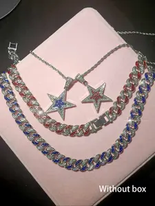 3pcs Hip-Hop Exquisite Colorful Five-Pointed Star Pendants, Cuban Chain Stacked Necklaces, Men's & Women's Glittering Jewelry Set, Fashionable Jewelry