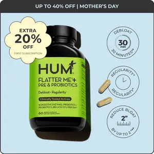 HUM Flatter Me+ Pre & Probiotics - Fast Acting Bloat Relief Supplement for Digestive Health & Debloating - Vegan 60 Servings - Clinically Tested Active Ingredients - Healthcare - Dietary Fitness Edible