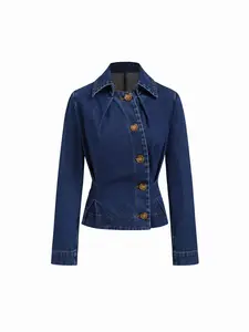 Cider Denim Collar Asymmetrical Button Cinched Waist Jacket