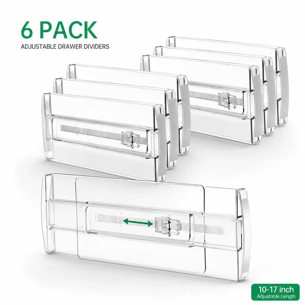 littleox 6 Pack Adjustable Drawer Dividers - 4" High Clear Expandable Dresser Organizers 10"-17" Length, Transparent Drawer Separators for Clothes, Underwear, Cosmetics & Kitchen Utensils Storage