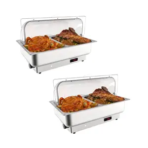 2 Packs Electric Chafing Dish Buffet Set, 2 × 4.5 QT Roll Top Food Warmer with Transparent PC Lid, 400W Temperature Control 86-200°F, Stainless Steel Chafer for Catering Parties