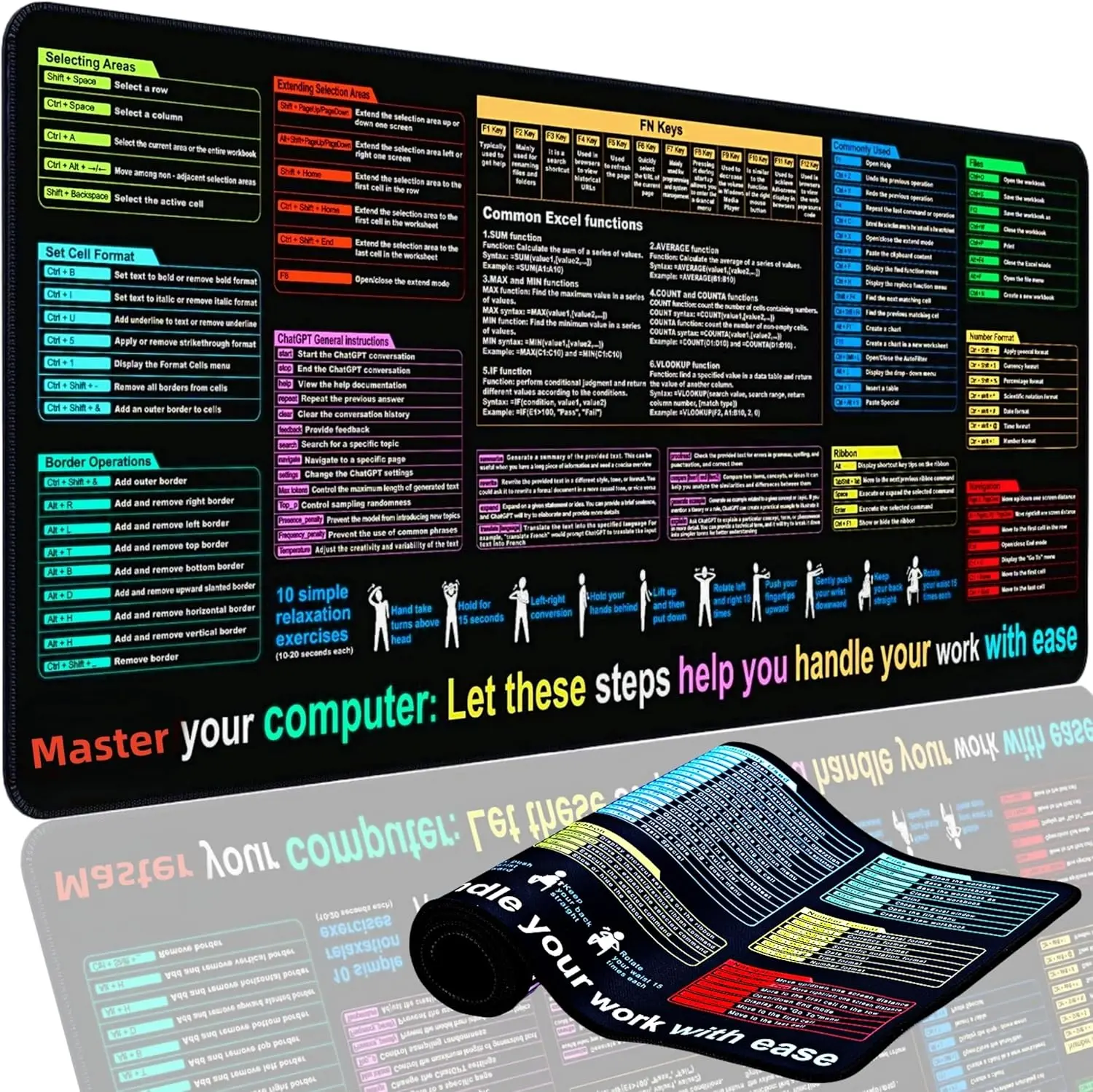 XXL Size Excel Cheat Sheet Desk Pad Mat (31.5" L x 11.8" W) - 3 mm Fabric Rubber Mouse Pad, Non-Slip Keyboard Cover, Waterproof Design, Formula & Shortcut Guide, Function Modules for Office & Cubicle Work Adults, Mouse Pads, 31.5" L × 11.8" W
