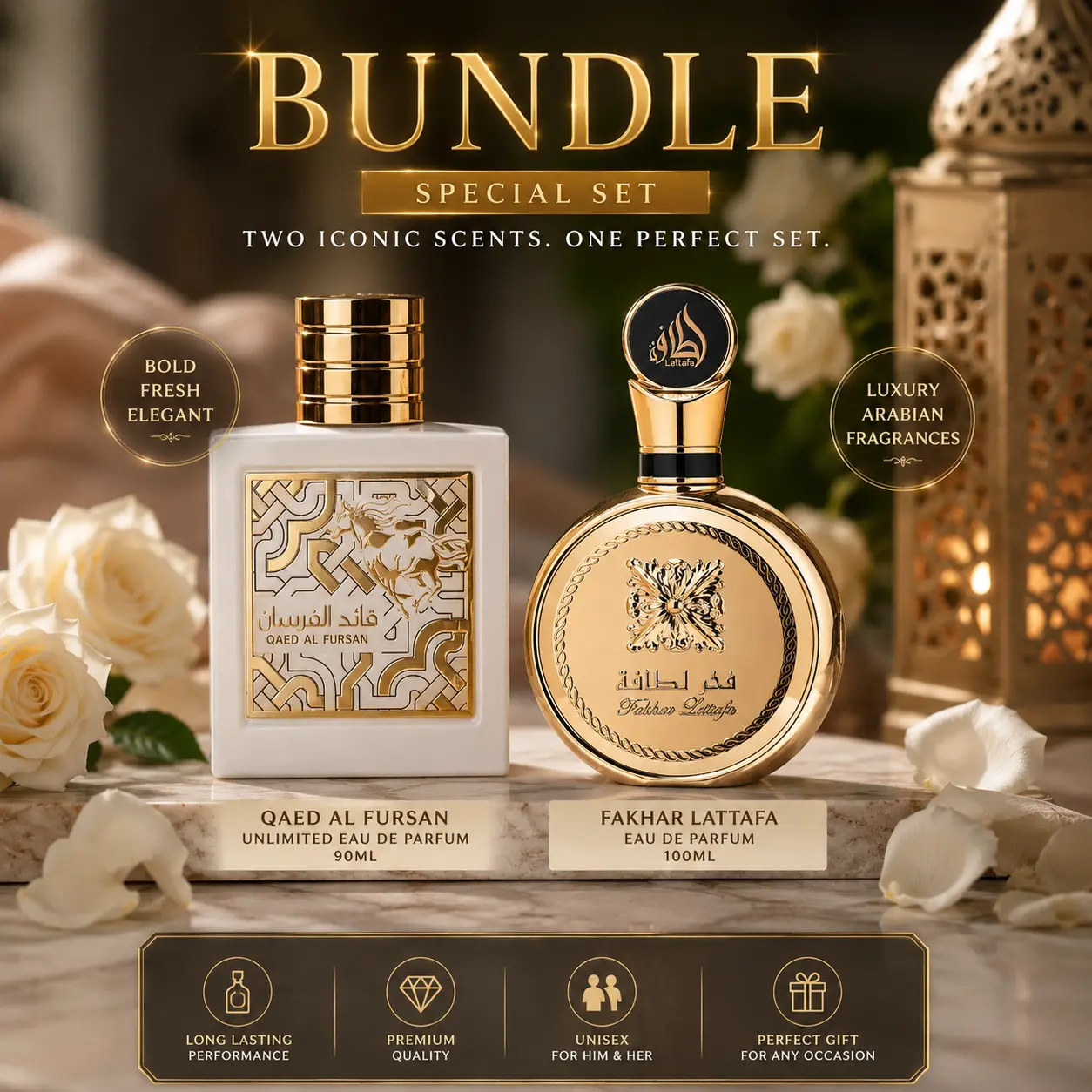 Lattafa Perfume Bundle Set Qaed Al Fursan Unlimited 90ml & Fakhar Lattafa 100ml Long Lasting Luxury Fragrances