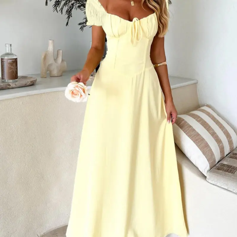 Women's Plain Lace-Up Puff Sleeve A-Line Dress, Sweetheart Neck Short Sleeve Long Dress for Party Holiday Wedding Guest, Statement Sleeve Wedding Dresses, Summer Wedding Guest Dresses, Tummy Hiding Wedding Guest Dress