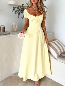 women's plain lace up puff sleeve a line maxi dress, feminine elegant chic sweetheart neck short sleeve long dress for party holiday wedding guest, summer dresses, ladies spring & fall clothes, gown, womenswear