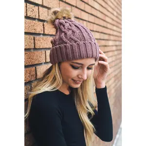 Cable Knit Beanie with Faux Fur Pom
