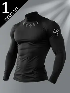 Men's Cross Graphic Turtleneck Compression Long Sleeve Top – High-Neck Quick-Dry Athletic Base Layer, Gothic Streetwear Muscle Fit Shirt