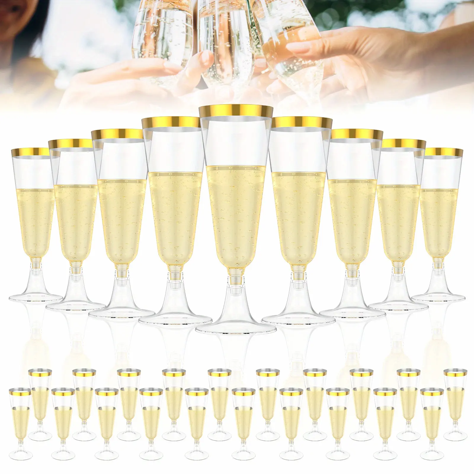 50pcs Pack Elegant Plastic Champagne Flutes with Rim - Thickened Shatterproof Wine Glasses Suitable for Champagne,, Parties, Weddings, & Hand Wash Only