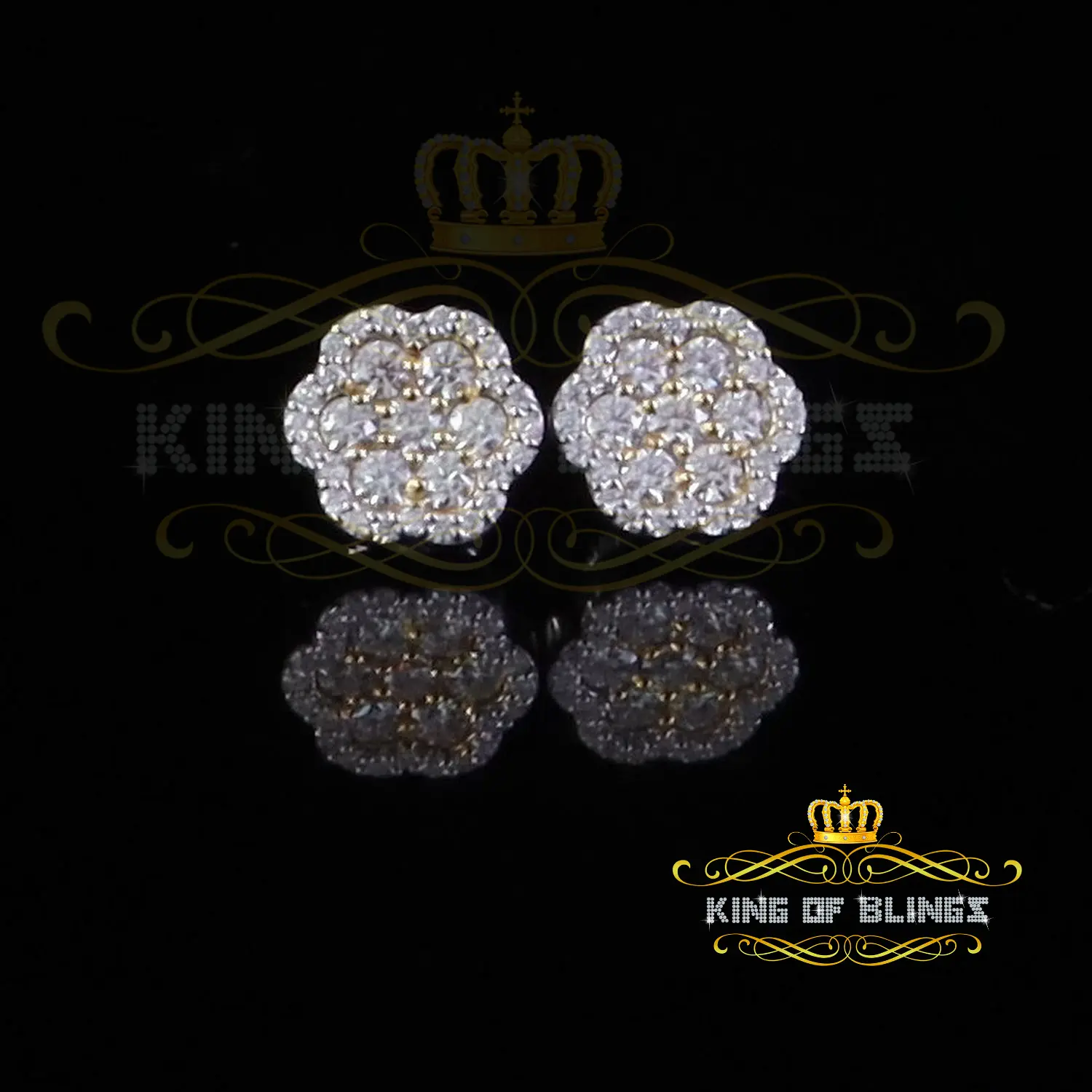 King of Blings 10K Gold Plated Yellow Floral 1.50ct VVS 'D' Moissanite 925 Stud Earrings Men's/Women