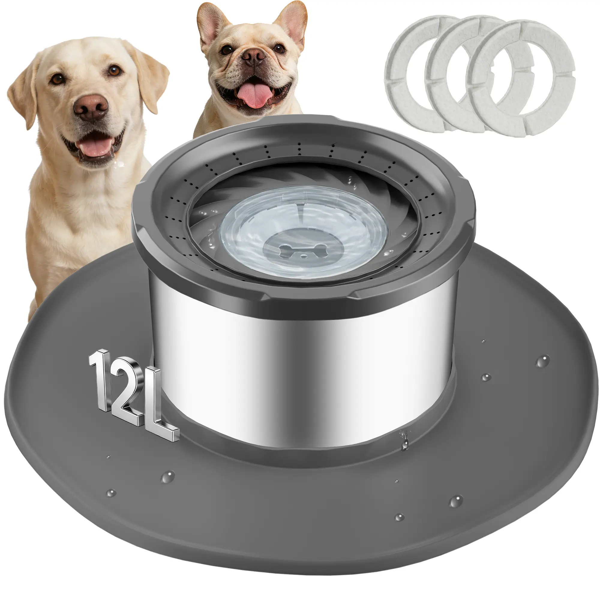 12L No Spill Dog Water Bowl for Large Dogs, Stainless Steel Spill Proof Bowls with Suction Cup Anti-Skid Mat, Slow Drinking Feeder for Messy Drinkers, Heavy Duty Pet Bowls for Indoor/Outdoor