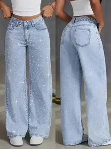 Elastic Fabric Women's Rhinestone Casual Wide Leg Jeans, Shiny High Waist Loose Fit, Perfect for Concerts and Festive Nights, Light Blue