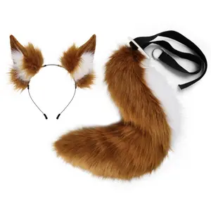 Faux Fur Fox Ears Headband Tail Set, Anime Convention Cosplay Accessory, Animal Ears and Tail Props, Halloween Party Costume Decorations, Party Supplies, Party Accessories