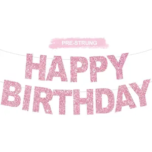 Happy Birthday Banner - Pre-Strung No DIY Birthday Decorations - Happy Birthday Sign - Birthday Banner for Women, Kids - Backdrop Pink