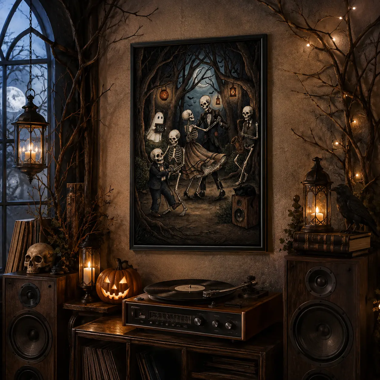 Vintage Skeleton Dance Party Canvas Wall Art, Spooky Forest Dancing Skeletons Ghost Black Cat Painting, Gothic Halloween Home Decor Poster