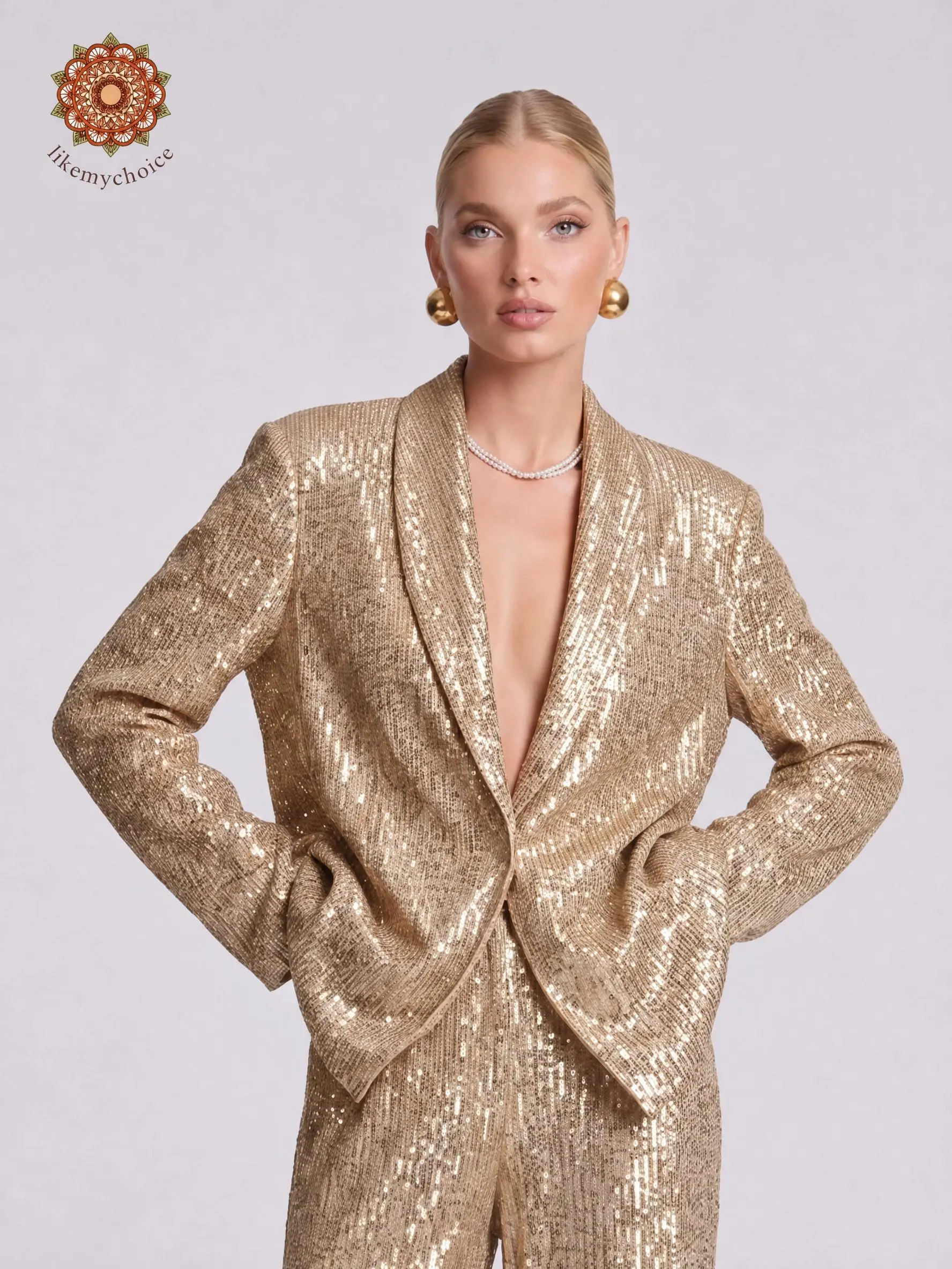 LikeMyChoice Women's Elegant Glitter Sequin Blazer - Sparkly Evening Wedding Guest Coat Women's Clothes Pants & Top Set Piece