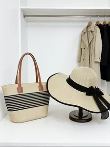 2pcs (hat+bag two-piece set) oversized brim straw hat for women's summer big brimmed hat, beach bow beach hat, woven straw hat, outdoor travel storage bag, tote bag