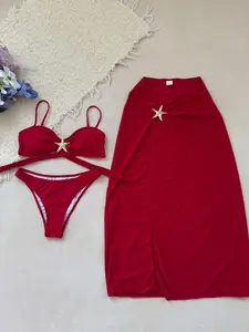 Women's Boho Knot Backless Feature Starfish Decor Ruffle Beachwear Fit Mesh Long Dress Bikini Set, Pure Color Holiday Swimwear Three-Piece Suit