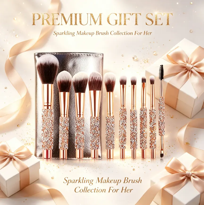 10Pcs Luxury Rhinestone Diamond Makeup Brush Set, Handcrafted Gold Inlaid Cosmetic Brushes, Soft Synthetic Brushes for Foundation Blush Eyeshadow Eyebrow, Premium Makeup Brushes with portable makeup brush bag for Gift & Daily Makeup manga lash