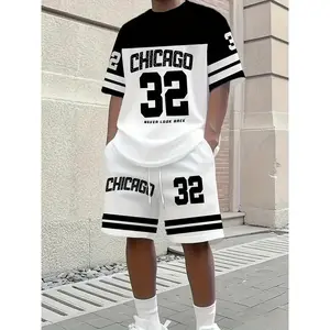 Summer Men's Chicago-Themed Relaxed Set Size 32 Printed T-Shirt and Shorts Set Adult Sports Casual Plus Size Two-Piece Set