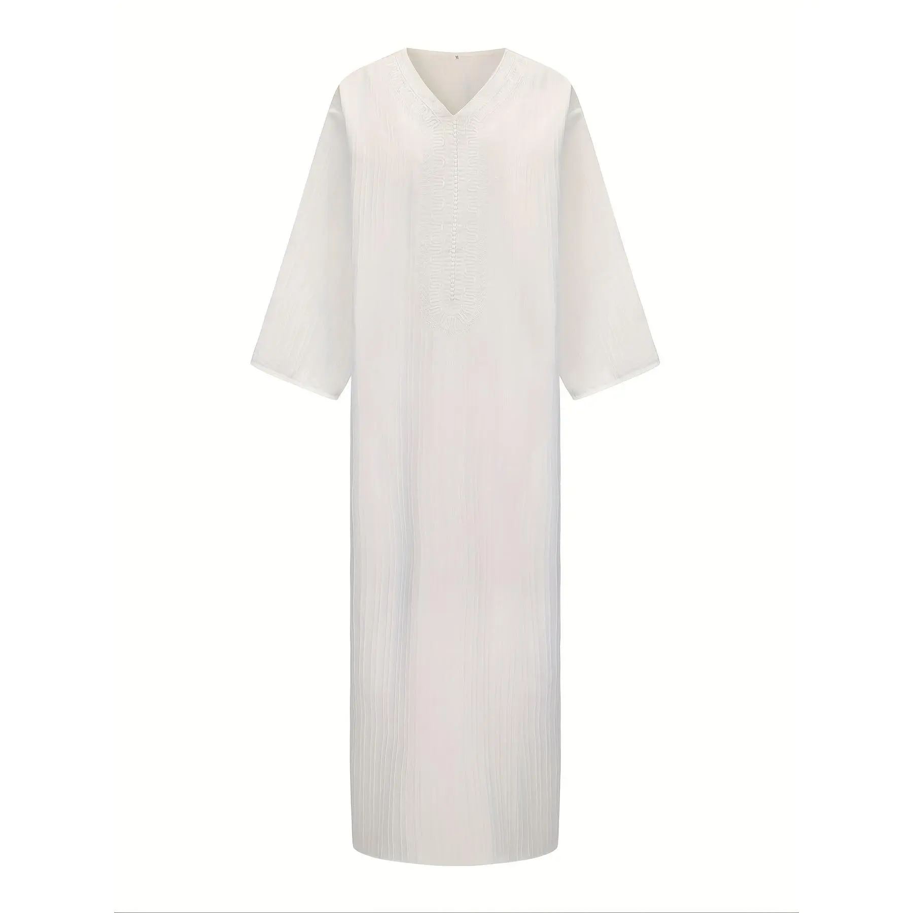 Men's Embroidered Kaftan Robe, Striped Woven Thobe with V-Neck and Long Sleeves, Loose Fit Modest Islamic Wear Sizes S-XXL, Embroidery, Regular, Casual, Regular Sleeve