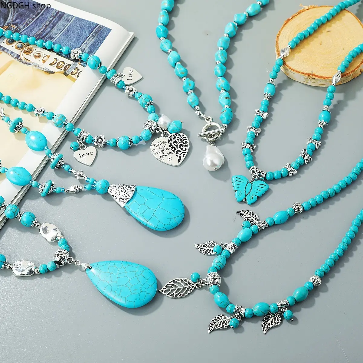 Natural Turquoise Beaded Necklace for Women, Double-Layer European Style Design with a Large Gemstone Water Drop Pendant, Female, Water Drop Necklace, Large Beads, Turquoise Jewelry, Large Pendant