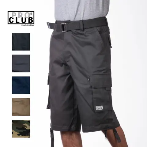 Pro Club Men's Cotton Twill Cargo Shorts With Belt - Breathable Relaxed Fit, 6 Pockets, Removable Belt, Plain Long Fabric for Summer Menswear