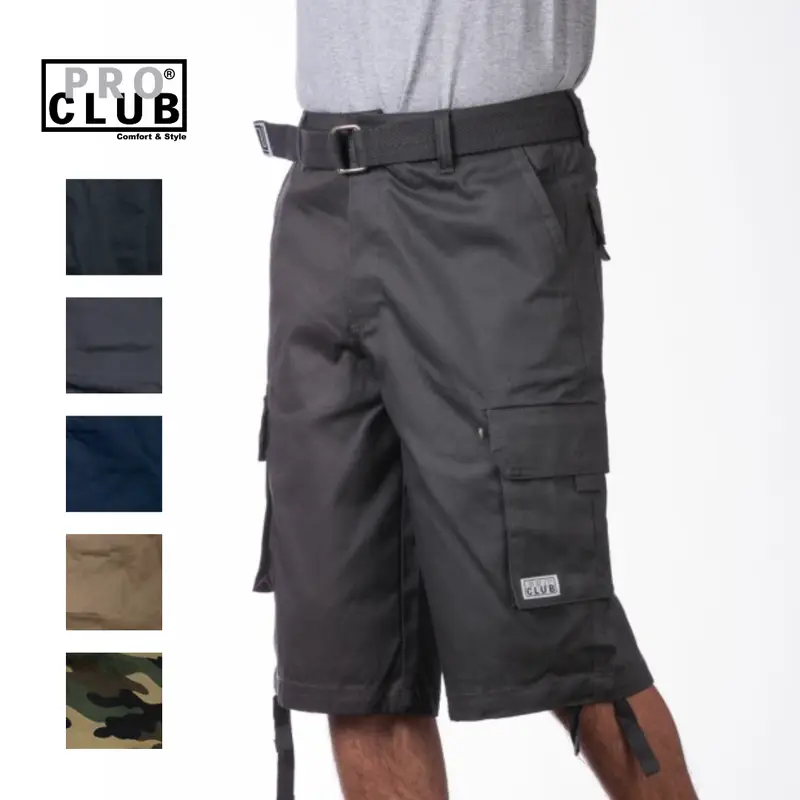 Pro Club Men's Cotton Twill Cargo Shorts With Belt - Breathable Relaxed Fit, 6 Pockets, Removable Belt, Plain Long Fabric for Summer Menswear