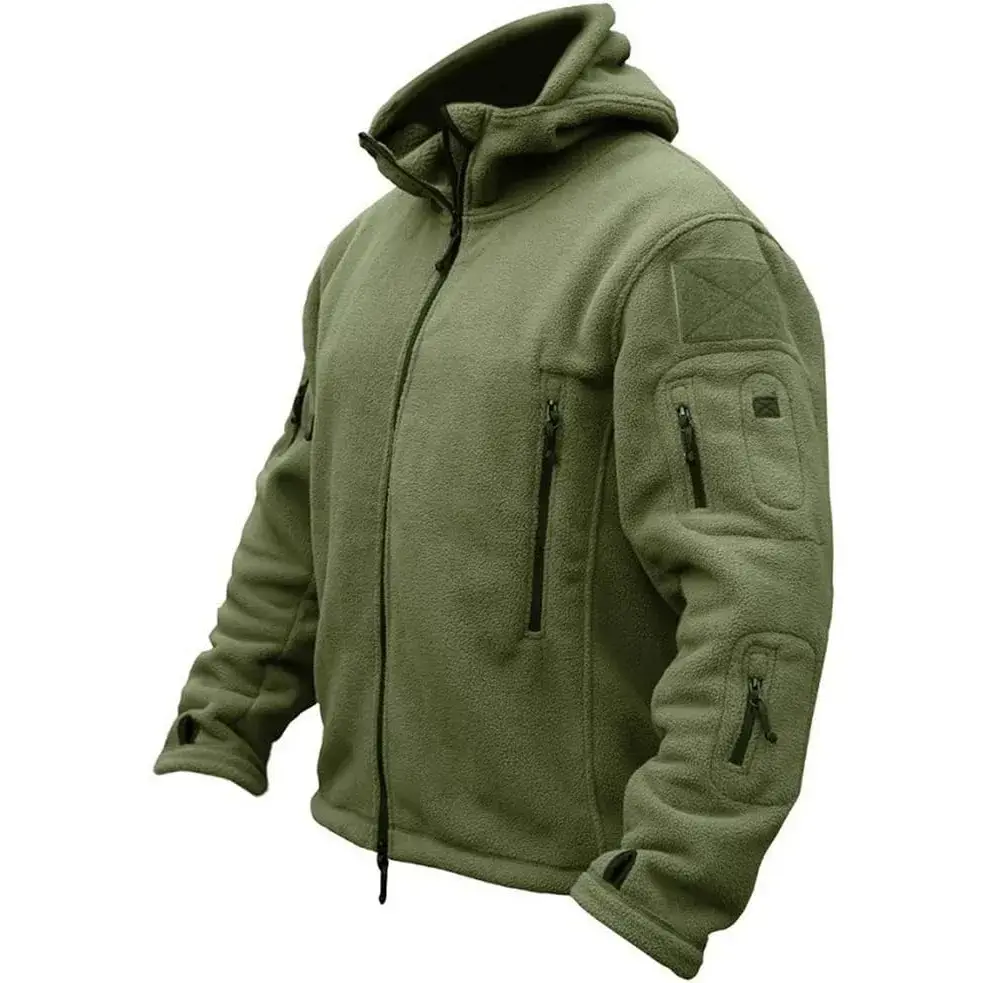 Men's Warm Military Tactical Fleece Hooded Neck Jacket - Long Sleeve, Double Zipper-Closure, 7 Pockets, Multi-Compartment Outdoor Sport Male Tops for Adventure, Climbing, Fashion Casual Outerwear