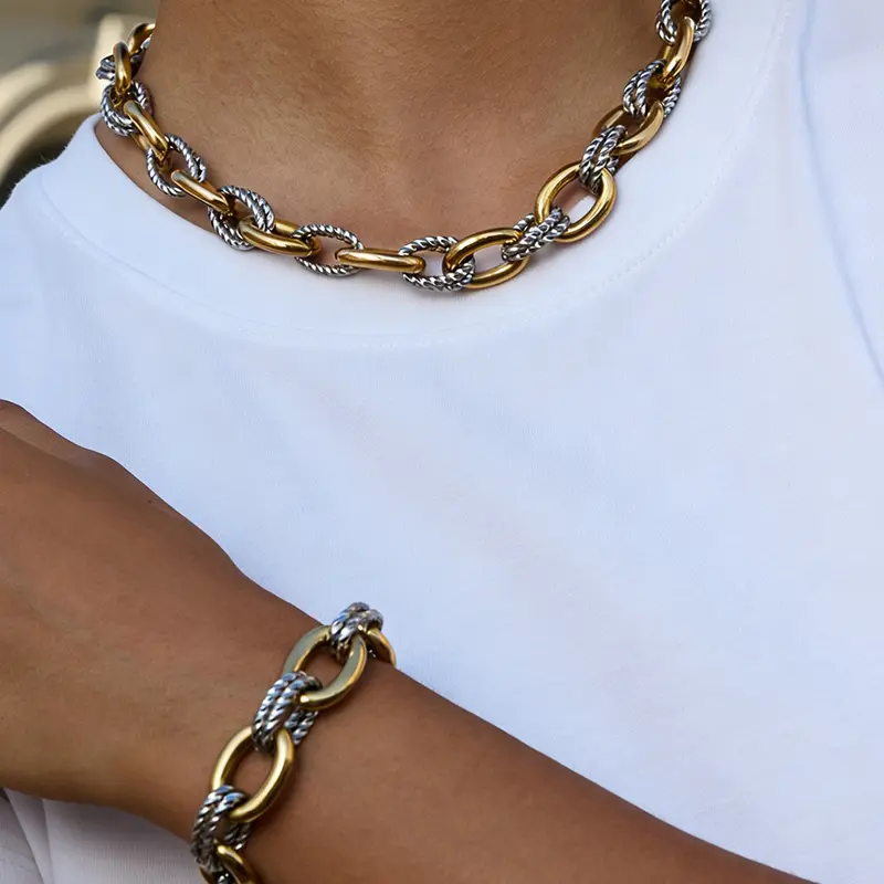 1Set Stainless Steel Double Color Oval Necklace Bracelet Set Fashionable Trendy Jewelry Set For Women Jewelry Sets Hip-Hop Punk Smooth Fried Dough Twists Neck Chain Jewelry Gift