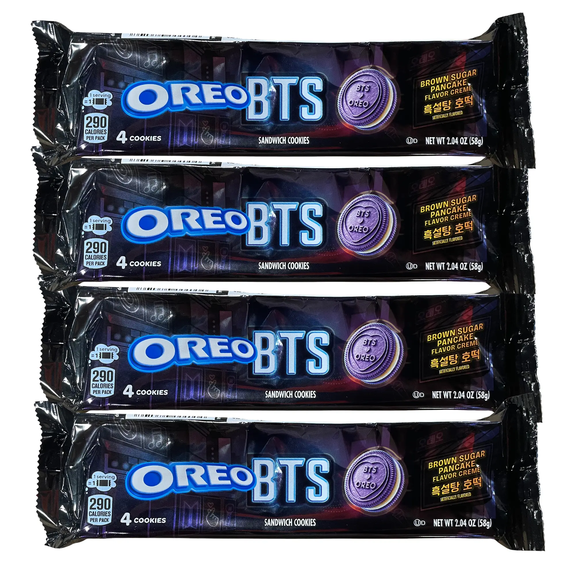 OREO x BTS Brown Sugar Pancake Flavor Creme Cookies, 4 Pack, 4 Cookie Trays, Purple Limited Edition Cookies with 13 Unique Designs