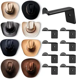 2.8 Inch Hat Hooks for Wall - (8 Pack) Cowboy Hat Rack, Strong Adhesive Cap Holder, Organizer for Baseball Caps, Western Room Decor - Black
