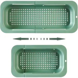 Extendable Sink Colander Strainer Basket - Wash Vegetables and Fruits, Drain Cooked Pasta and Dry Dishes - Adjustable Over the Sink Colander Collapsible Drainer Basket - Green Kitchen Rack Utensils Holes Plastic Traditional