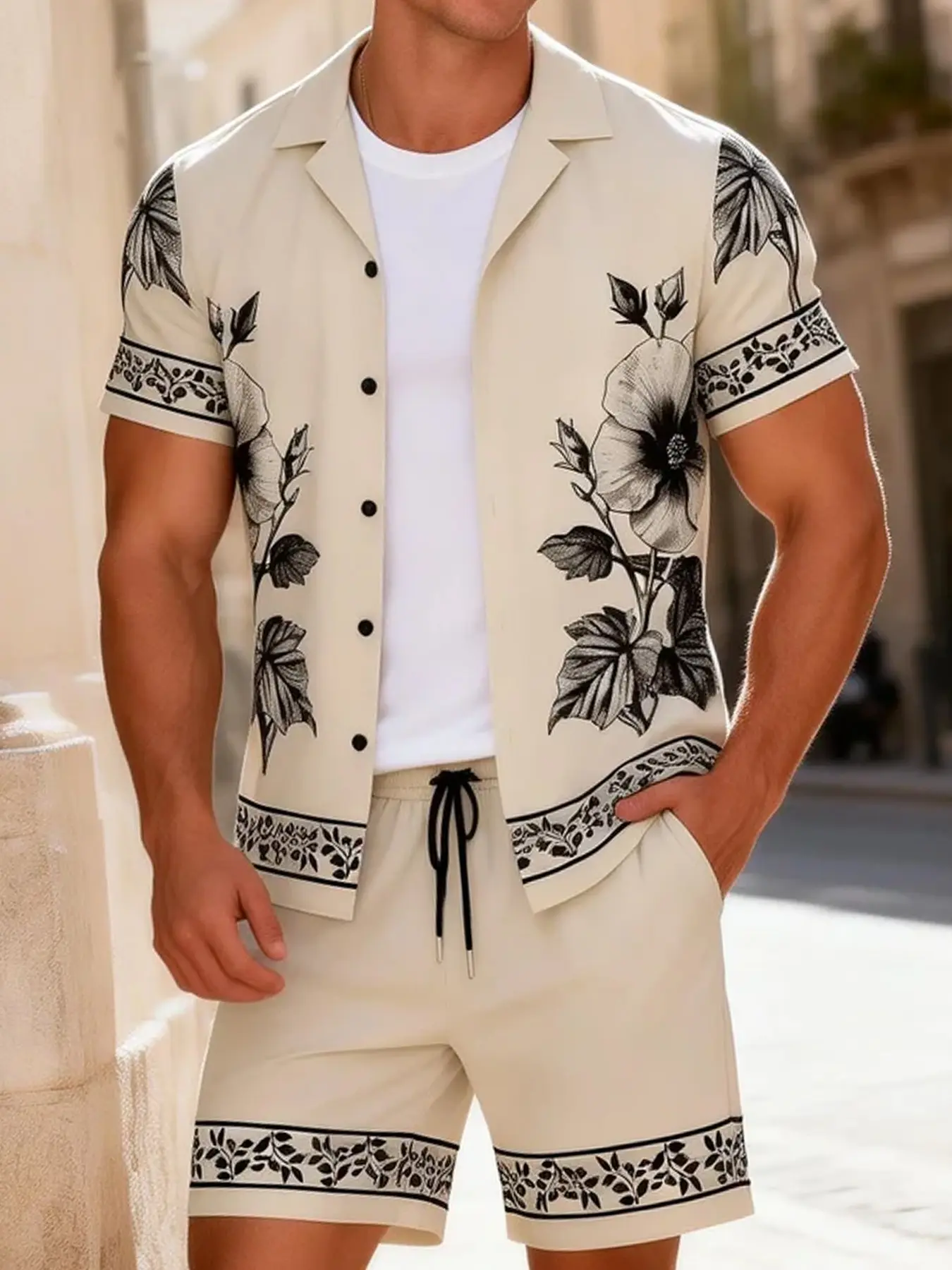 Men's Beige Floral Print 2-Piece Loungewear Pajama Set Summer Pajamas - Short Sleeve Camp Collar Button-Up Shirt & Drawstring Shorts, Ultra-Soft Breathable Fabric, Relaxed Fit for At-Home Lounging, Sleeping & Lazy Weekends