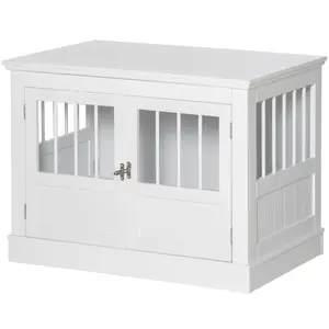 PawHut Dog Crate End Table with Triple Doors, Wooden Dog Crate Furniture Indoor Use, Puppy Crate with and Steel Tubes, for Small Dogs, White