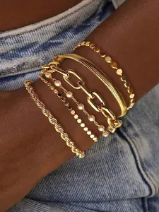 6pcs Metal Chain Bracelet Set, Faux Pearl, Snake Chain, Twisted Chain, Flat Round Disc Design, Chunky Fashion Jewelry, Elegant Retro Style, Bangle Bracelet Set