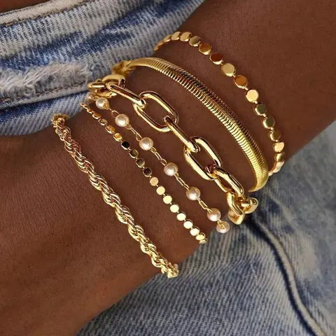 6pcs Metal Chain Bracelet Set, Faux Pearl, Snake Chain, Twisted Chain, Flat Round Disc Design, Chunky Fashion Jewelry, Casual Trendy Jewelry, Elegant Retro Style, Bangle Bracelet Set, Fashion Bracelets