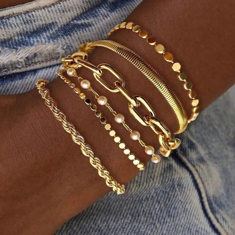 6pcs Metal Chain Bracelet Set, Faux Pearl, Snake Chain, Twisted Chain, Flat Round Disc Design, Chunky Fashion Jewelry, Casual Trendy Jewelry, Elegant Retro Style, Bangle Bracelet Set, Fashion Bracelets