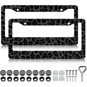 Black Leopard Print License Plate Frames - 2 Pack Animal Cheetah Print License Plate Holder Covers, Aluminum Metal Rust-Proof Waterproof Car Tag Frame with Screws Fasteners Caps