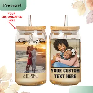 Custom Photo Glass Tumbler 16oz, Personalized Text Logo Design Picture Iced Coffee Beer Soda Can Lid Straw Soft Drink Cup - Gift Him Her Mom