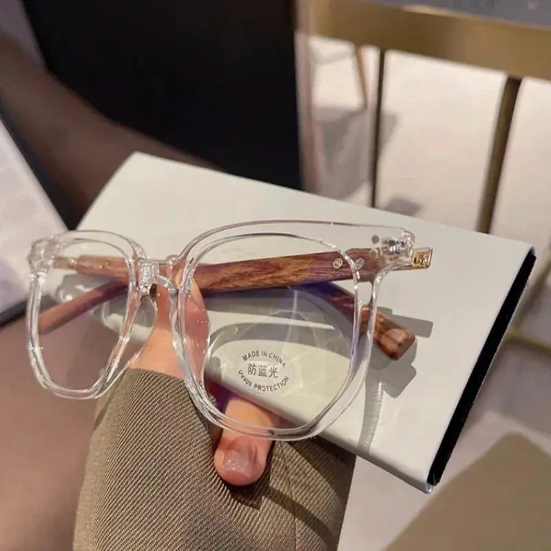 New Wood Grain Anti-blue Myopia Glasses Retro Large Frame Trend Women Near Sight Glasses Square Wooden Frame Short Sight Glasses