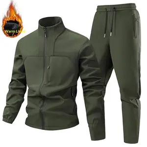 Men's Army Green Fleece Two-Piece Set -- Stand Collar Jacket + Jogger Pants Outdoor Functional Warm Casual Sports Suit